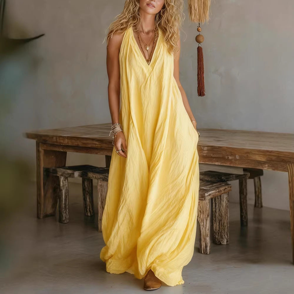 Casual Sleeveless V-neck Long Dress | Relaxed Fit with Front Pockets