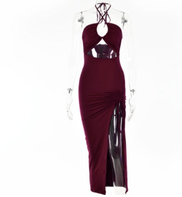 Halter?Neck Ruched Irregular Hem Backless Maxi Dress