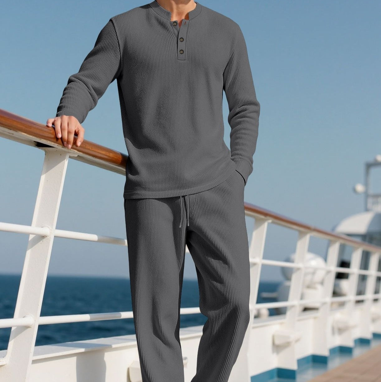 Men's Solid-Color Button-Down Long-Sleeve Shirt & Pants Set | Crew-Neck Casual Outfit