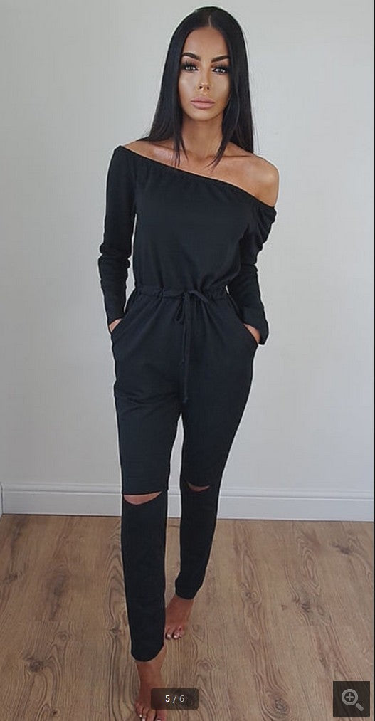 Off-the-Shoulder Distressed Jumpsuit | Women's Casual Cotton Blend Romper