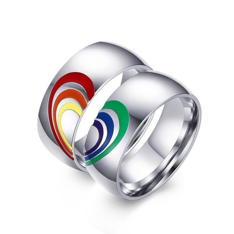 Titanium Steel Rainbow Couple Ring | Geometric Epoxy Band