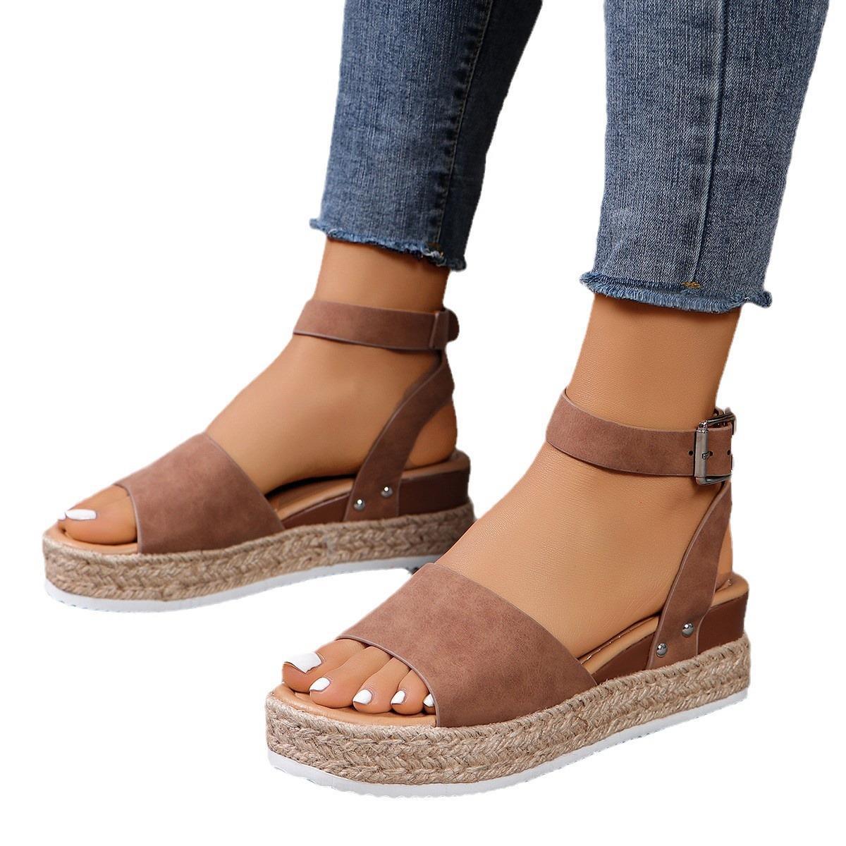 Women's Hemp Rope Wedge Peep Toe Sandals | Natural Boho Platform Heels