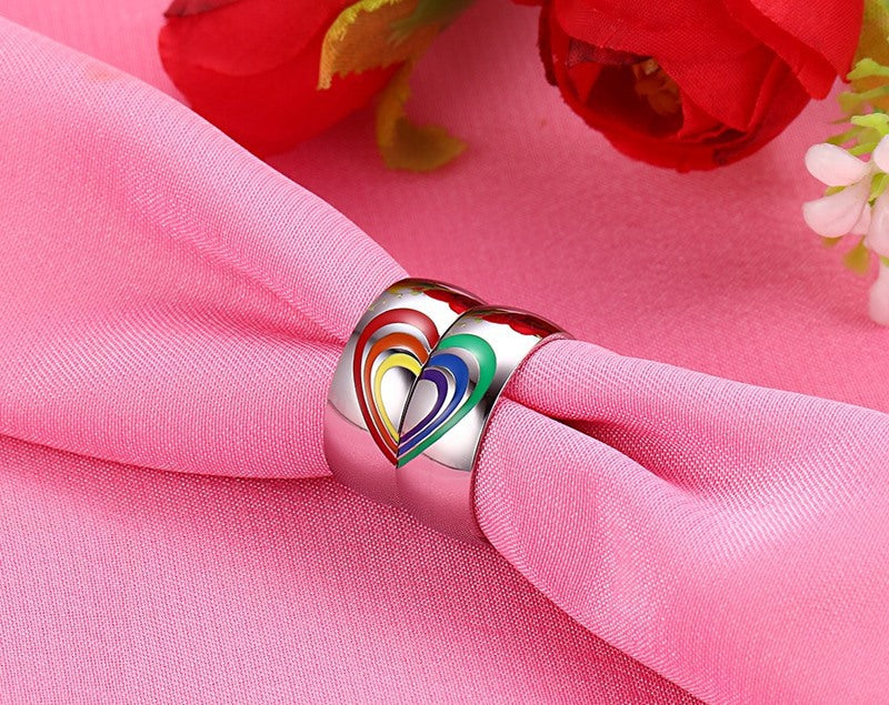 Titanium Steel Rainbow Couple Ring | Geometric Epoxy Band