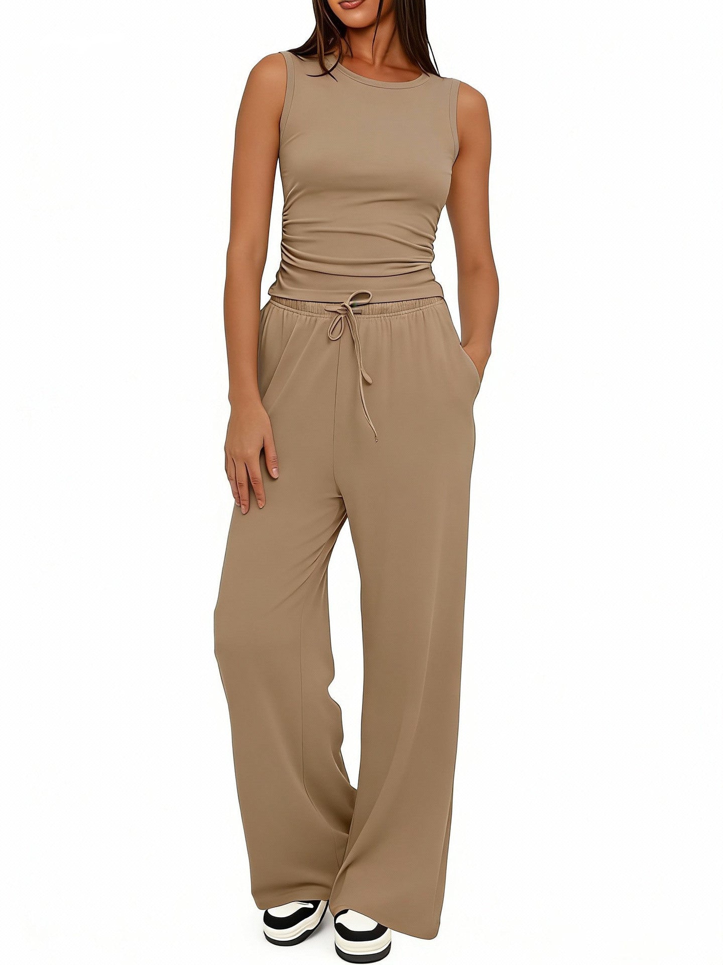 Sleeveless Crewneck Pleated Vest & High-Waisted Wide-Leg Pants Set