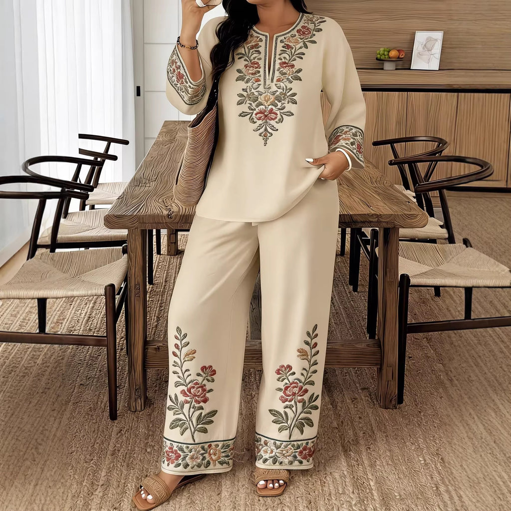 Long-Sleeve Lace Floral Bohemian Set | Ethnic-Style Top & Cropped Pants