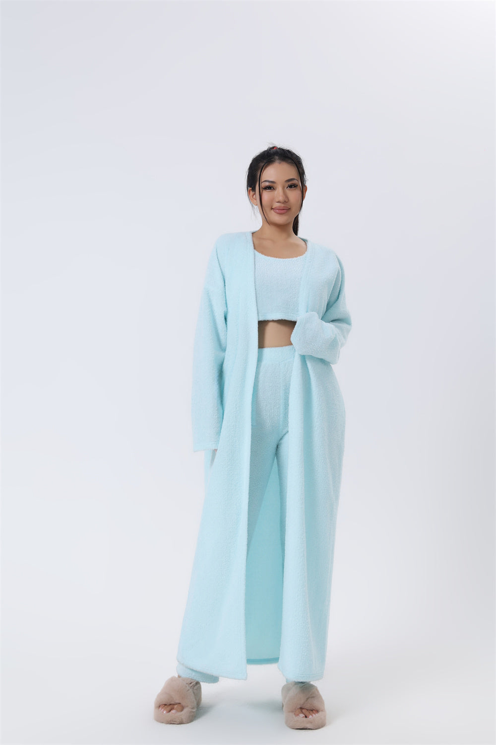 3-Piece Knit Lounge Set | Crop Top, Wide-Leg Pants & Cardigan