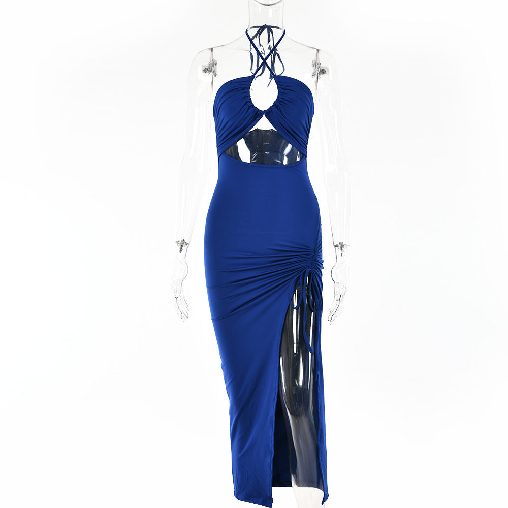 Halter?Neck Ruched Irregular Hem Backless Maxi Dress