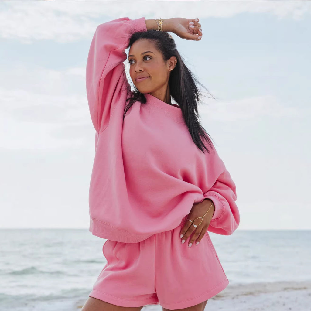 Crew-Neck Sweatshirt & Casual Shorts Set | Solid Color Loungewear Two-Piece