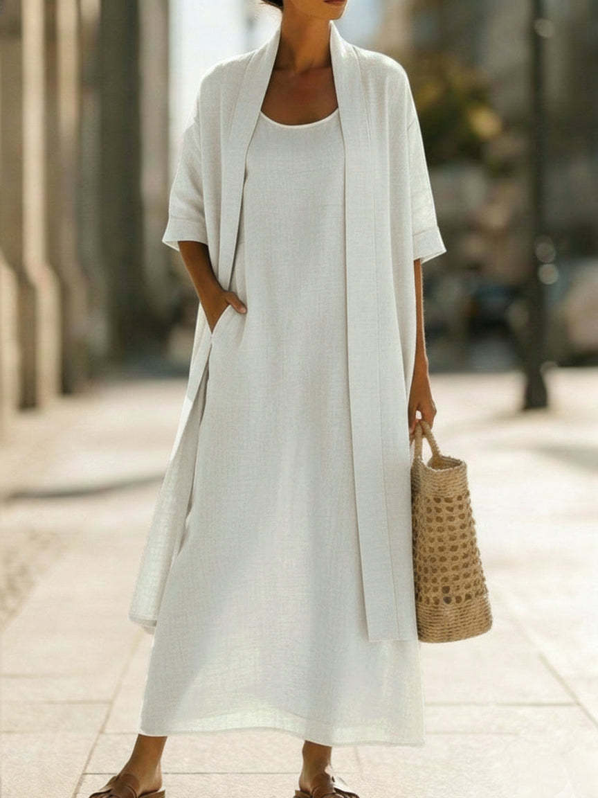 Cotton-Linen Two-Piece Dress Set | Loose Fit Cardigan & Long Skirt