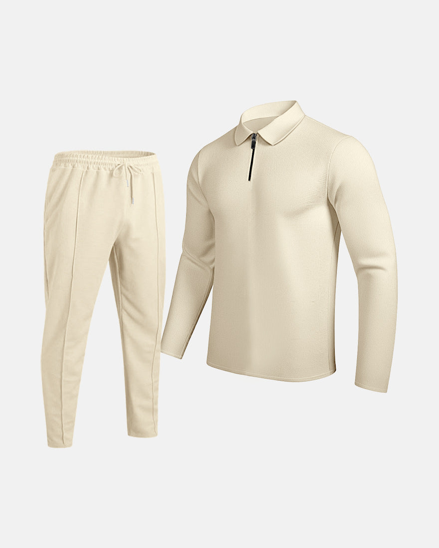 Men's Waffle-Texture Zip Lapel Top & Long Pants Suit | All-Season Casual Set