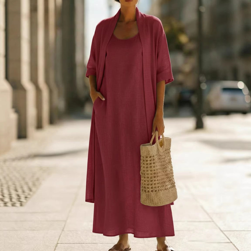 Cotton-Linen Two-Piece Dress Set | Loose Fit Cardigan & Long Skirt