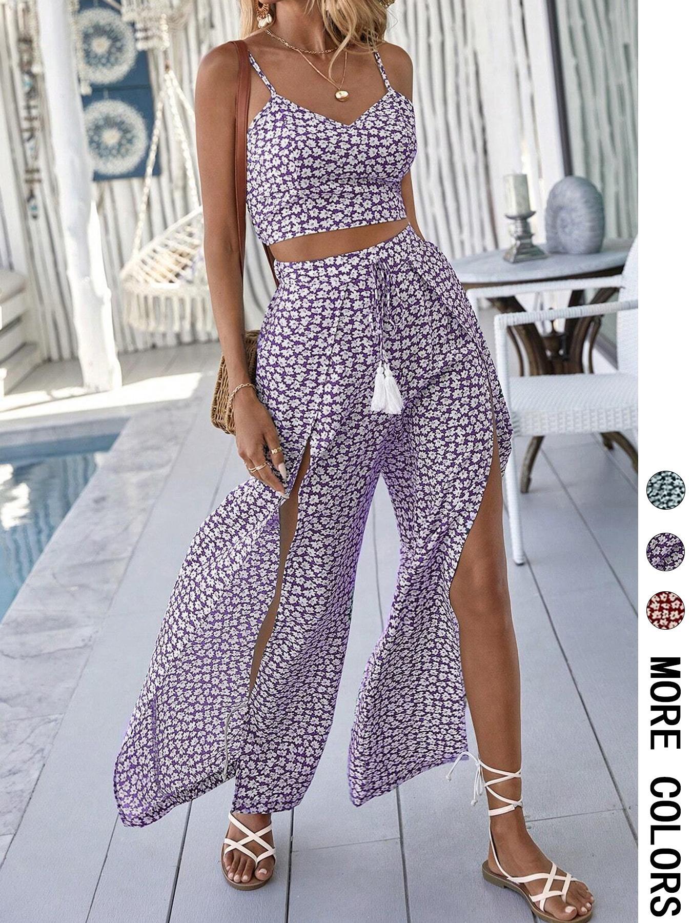 Women's Holiday Printed Strap Two-Piece Set | Floral Vacation Style