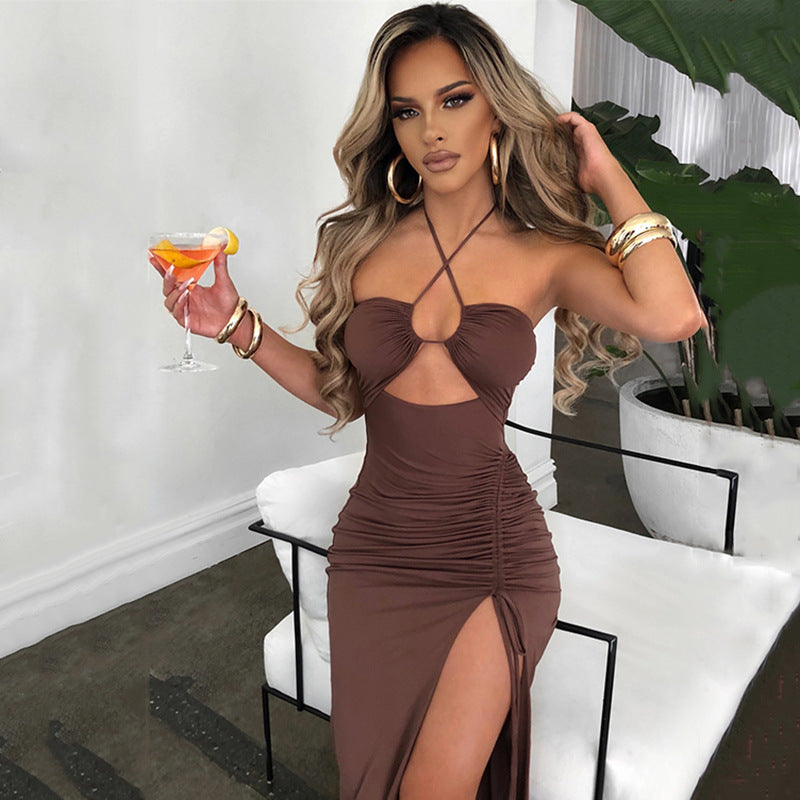 Halter?Neck Ruched Irregular Hem Backless Maxi Dress