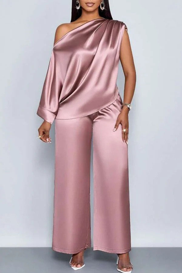 Satin Slanted Collar Short-Sleeve Top & Trousers Set | Light Luxury Summer Suit