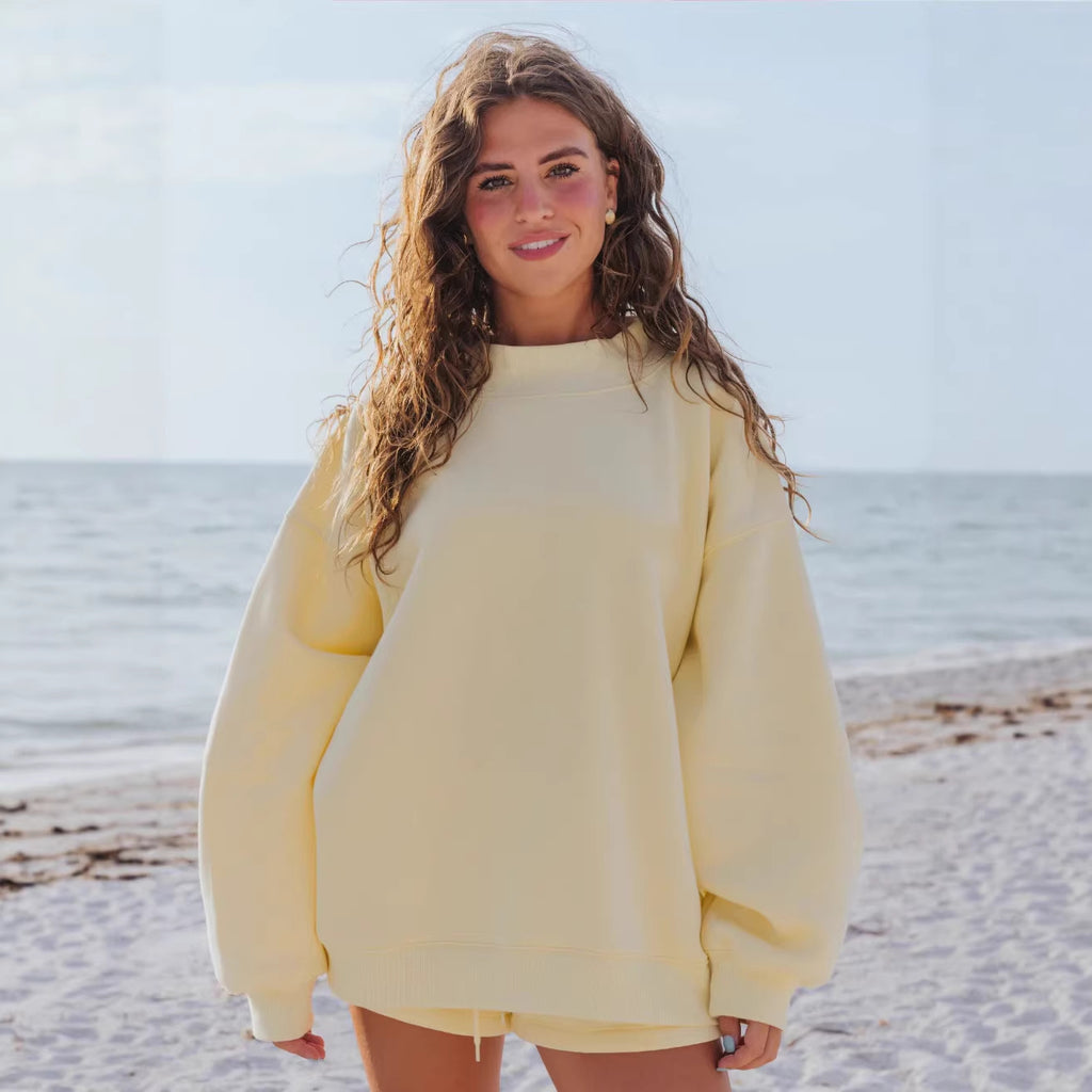 Crew-Neck Sweatshirt & Casual Shorts Set | Solid Color Loungewear Two-Piece