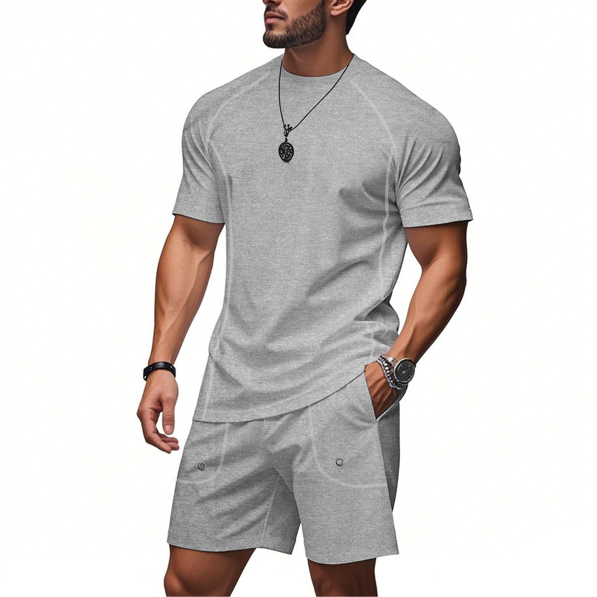 Men's Solid Color Minimalist Short-Sleeve & Shorts Set | Casual Summer Suit