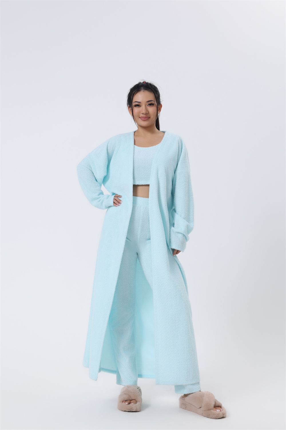 3-Piece Knit Lounge Set | Crop Top, Wide-Leg Pants & Cardigan