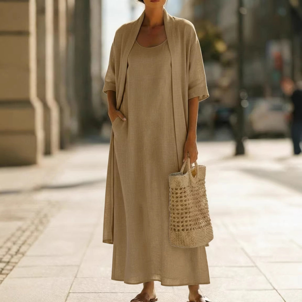 Cotton-Linen Two-Piece Dress Set | Loose Fit Cardigan & Long Skirt