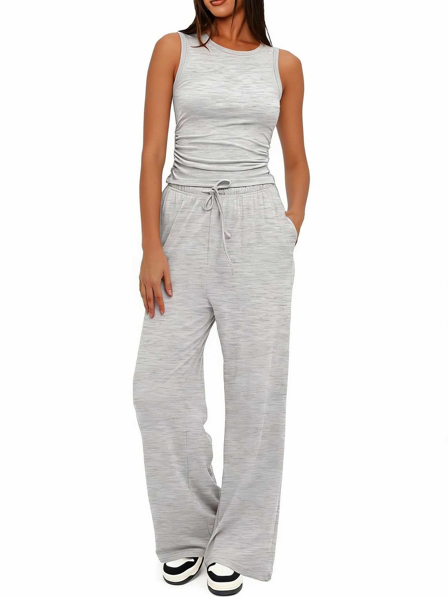 Sleeveless Crewneck Pleated Vest & High-Waisted Wide-Leg Pants Set