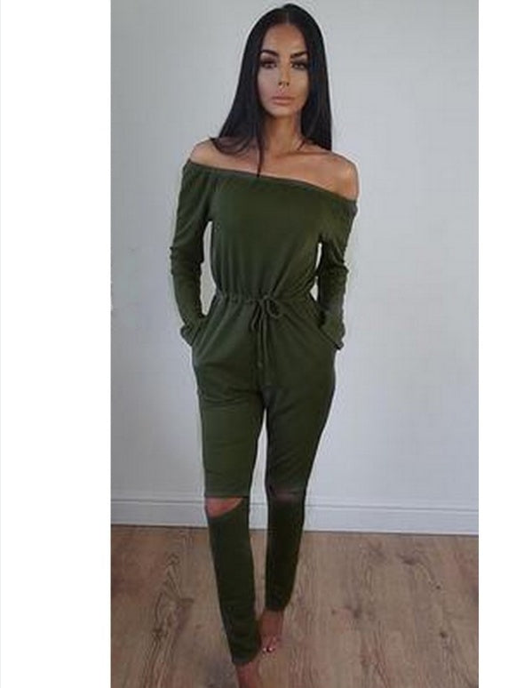 Off-the-Shoulder Distressed Jumpsuit | Women's Casual Cotton Blend Romper