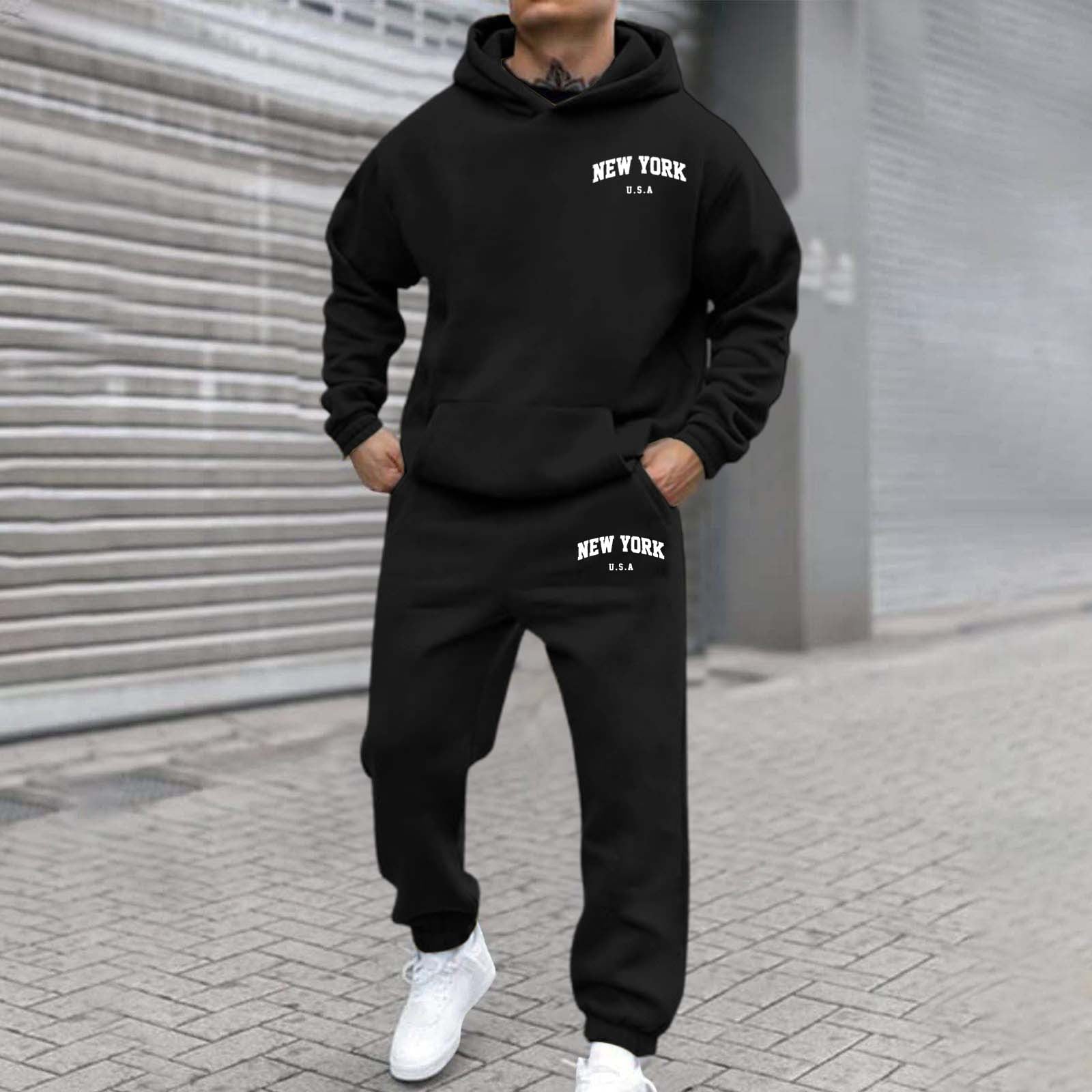 Mens Fleece-Lined Hooded Printed Sweatshirt And Hoodie Set
