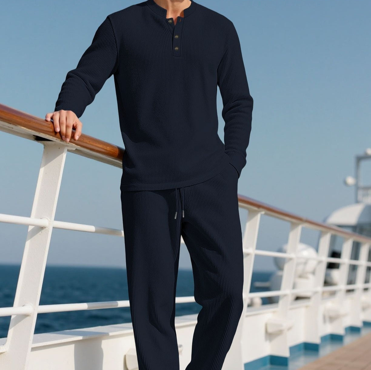 Men's Solid-Color Button-Down Long-Sleeve Shirt & Pants Set | Crew-Neck Casual Outfit