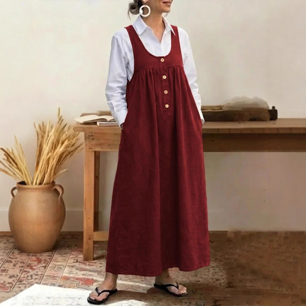Loose Overalls Dress – Casual U-Neck Button Pocket Dress