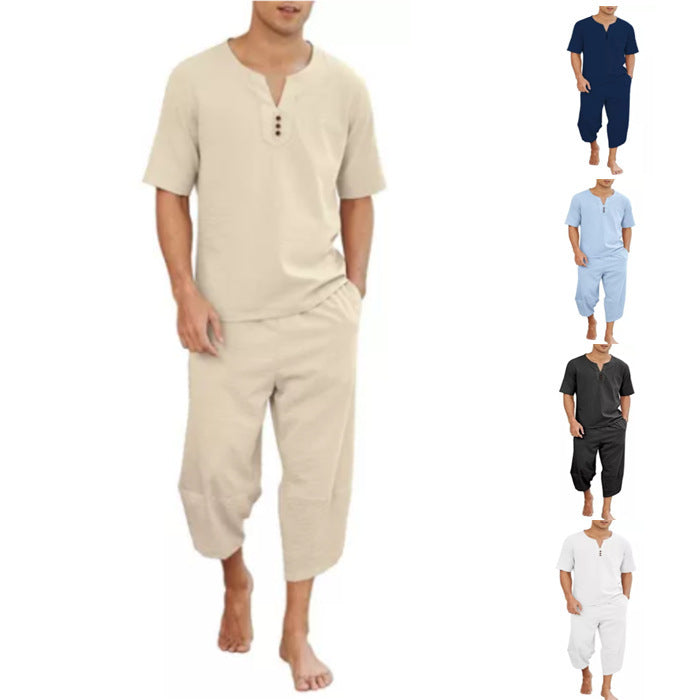 Men's V-Neck Short-Sleeve Top & Cropped Pants Set | Breathable Cotton-Linen Casual Outfit