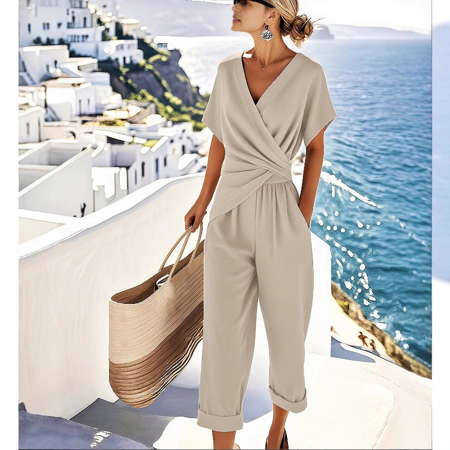 Solid Color Irregular Pleated Top & Pants Set | Women's V-neck Office Two-Piece