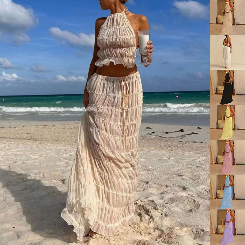 Halter Crop Top & Pleated Maxi Skirt Set | Backless Beach Two-Piece
