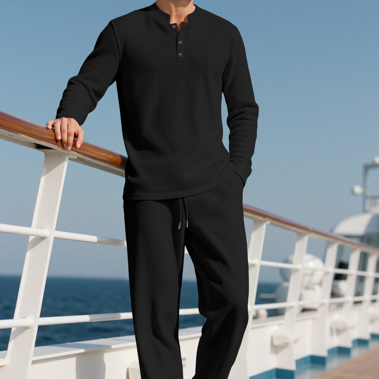Men's Solid-Color Button-Down Long-Sleeve Shirt & Pants Set | Crew-Neck Casual Outfit
