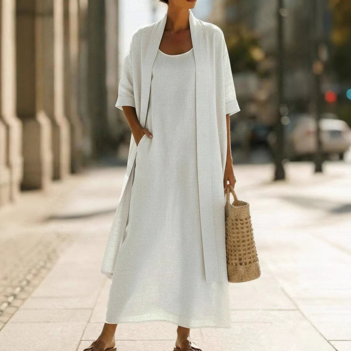 Cotton-Linen Two-Piece Dress Set | Loose Fit Cardigan & Long Skirt