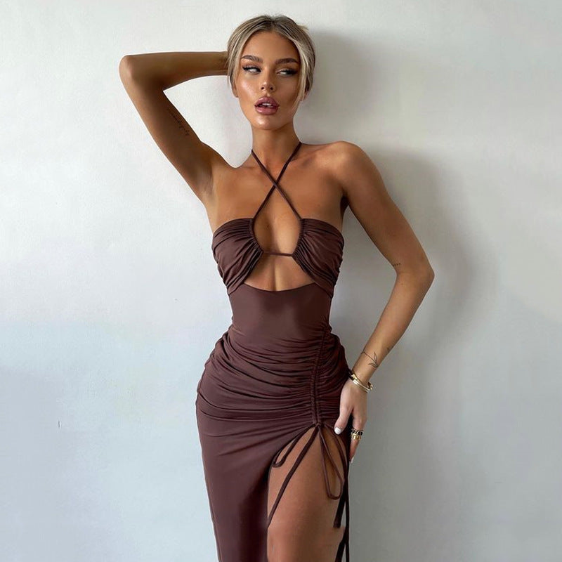 Halter?Neck Ruched Irregular Hem Backless Maxi Dress