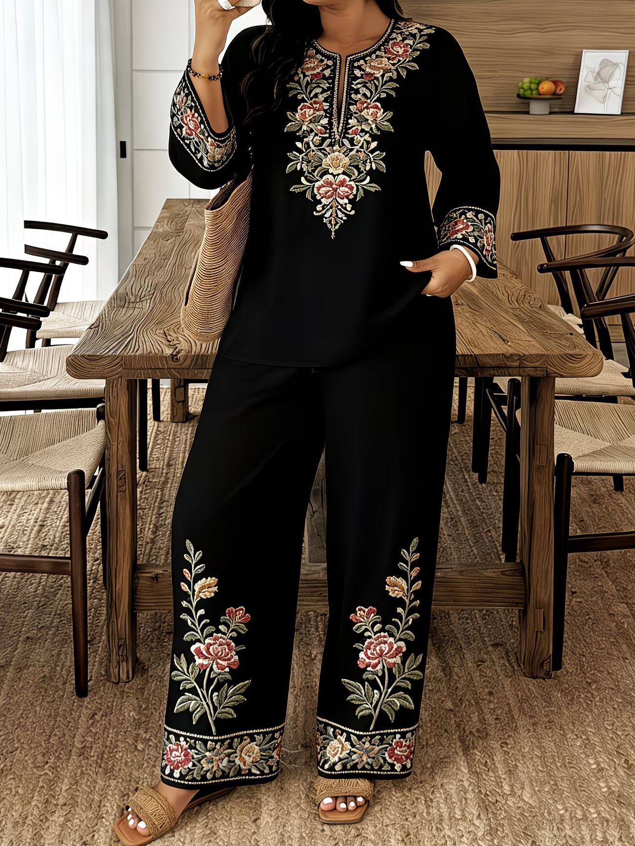 Long-Sleeve Lace Floral Bohemian Set | Ethnic-Style Top & Cropped Pants