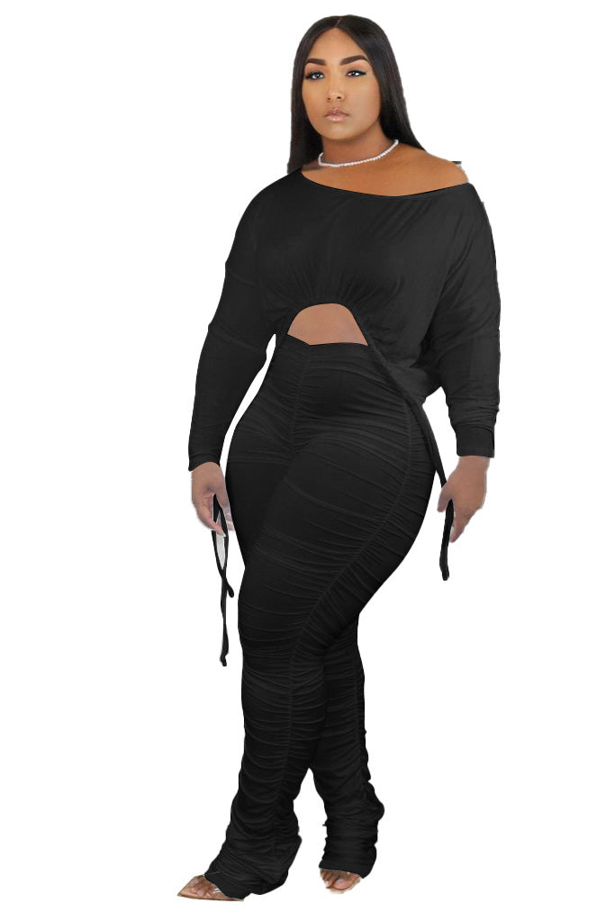 Women's Sexy Drawstring Pants Suit | Long Sleeve Chic Two-Piece Set