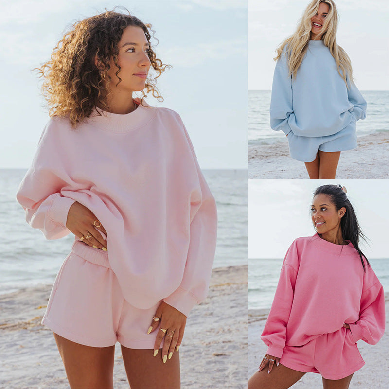 Crew-Neck Sweatshirt & Casual Shorts Set | Solid Color Loungewear Two-Piece