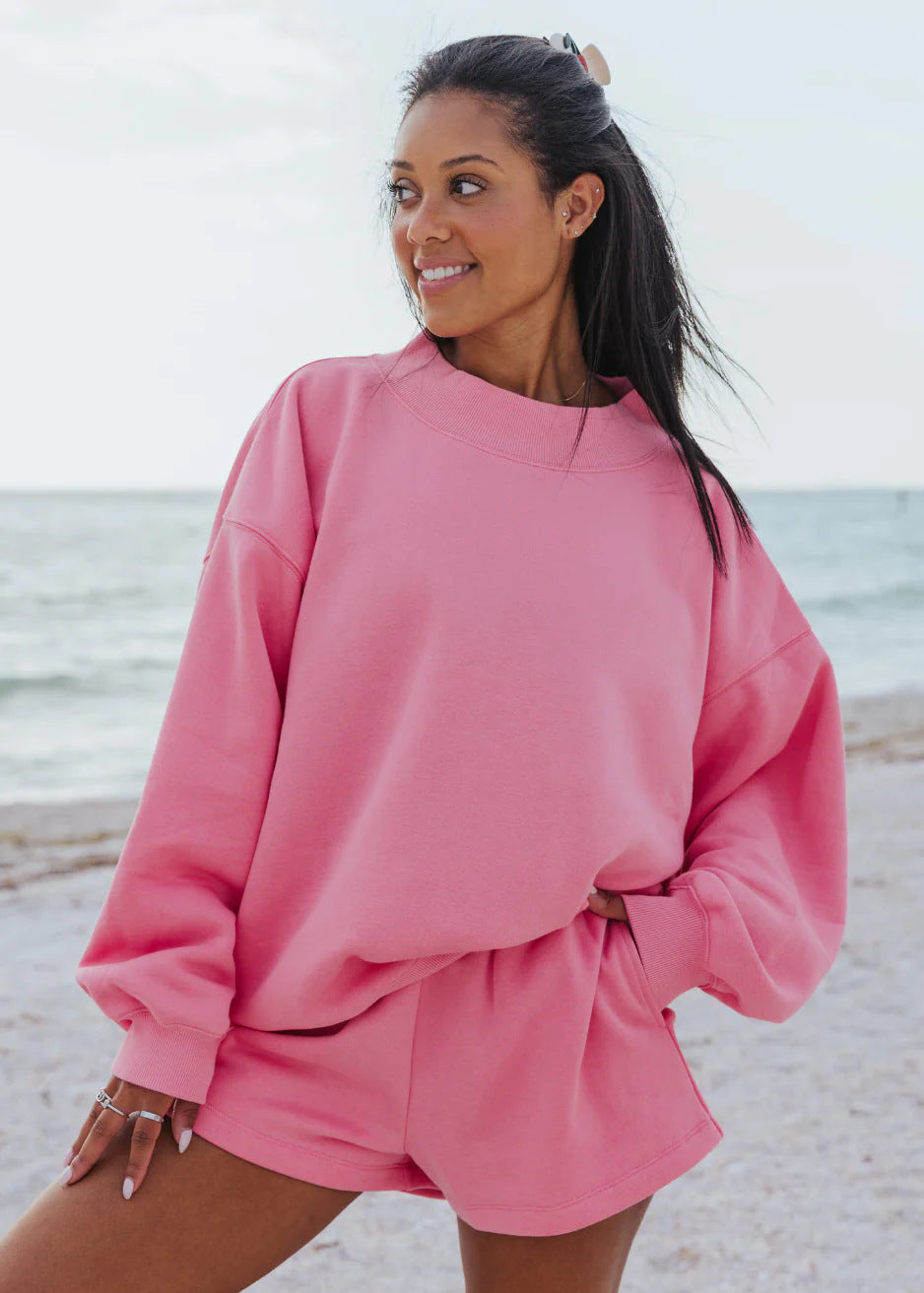 Crew-Neck Sweatshirt & Casual Shorts Set | Solid Color Loungewear Two-Piece