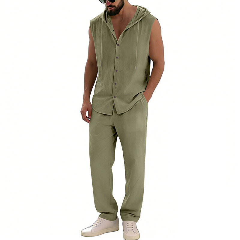 Men's Casual Hooded Sleeveless Shirt & Pants Set | Relaxed Lounge Outfit