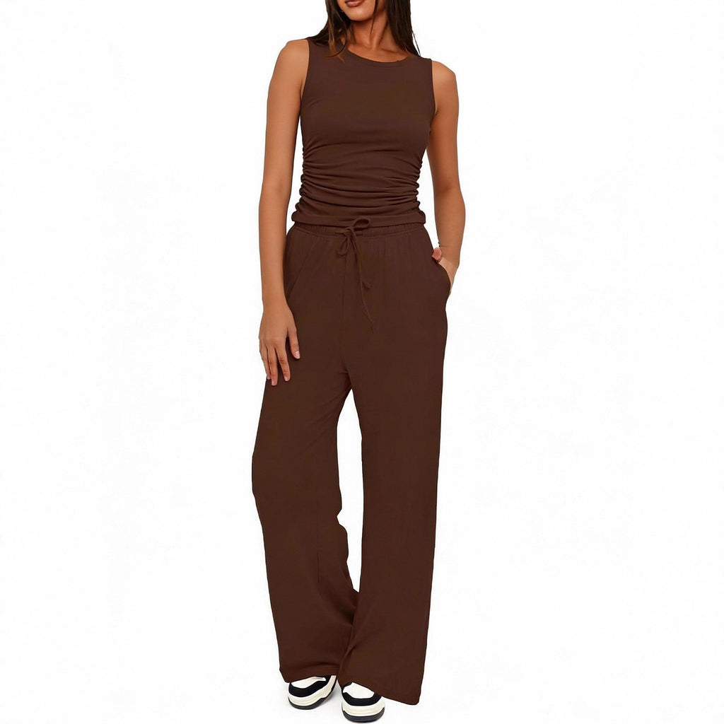 Sleeveless Crewneck Pleated Vest & High-Waisted Wide-Leg Pants Set