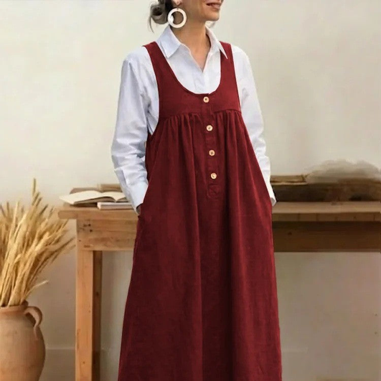 Loose Overalls Dress – Casual U-Neck Button Pocket Dress