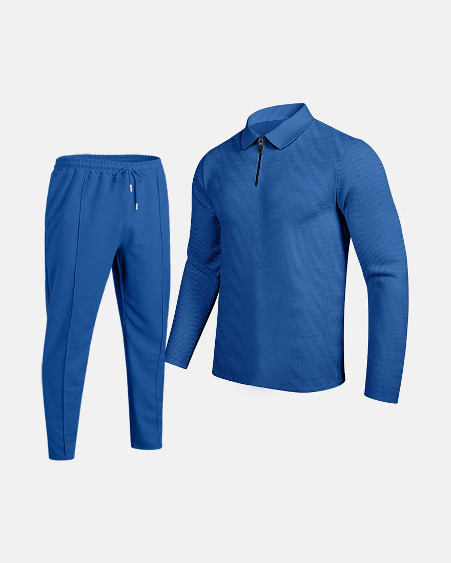 Men's Waffle-Texture Zip Lapel Top & Long Pants Suit | All-Season Casual Set