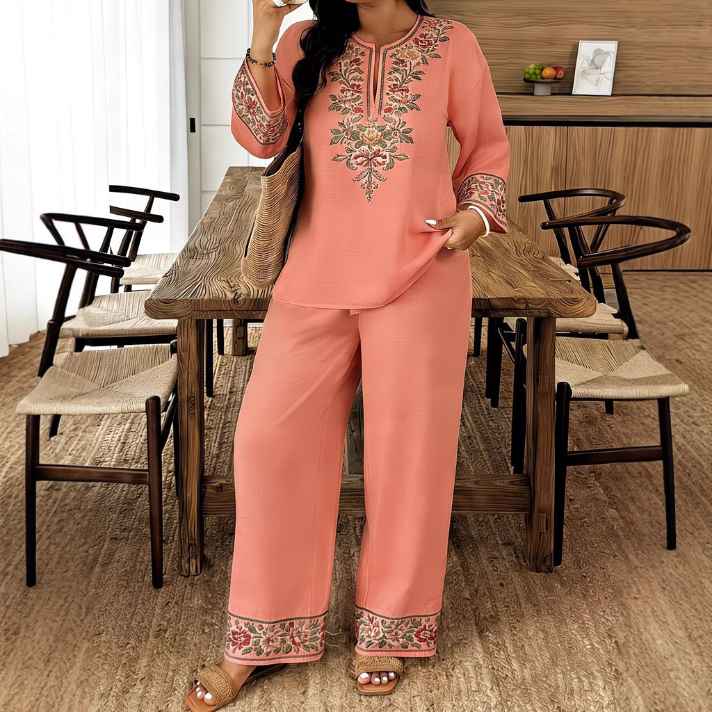 Long-Sleeve Lace Floral Bohemian Set | Ethnic-Style Top & Cropped Pants