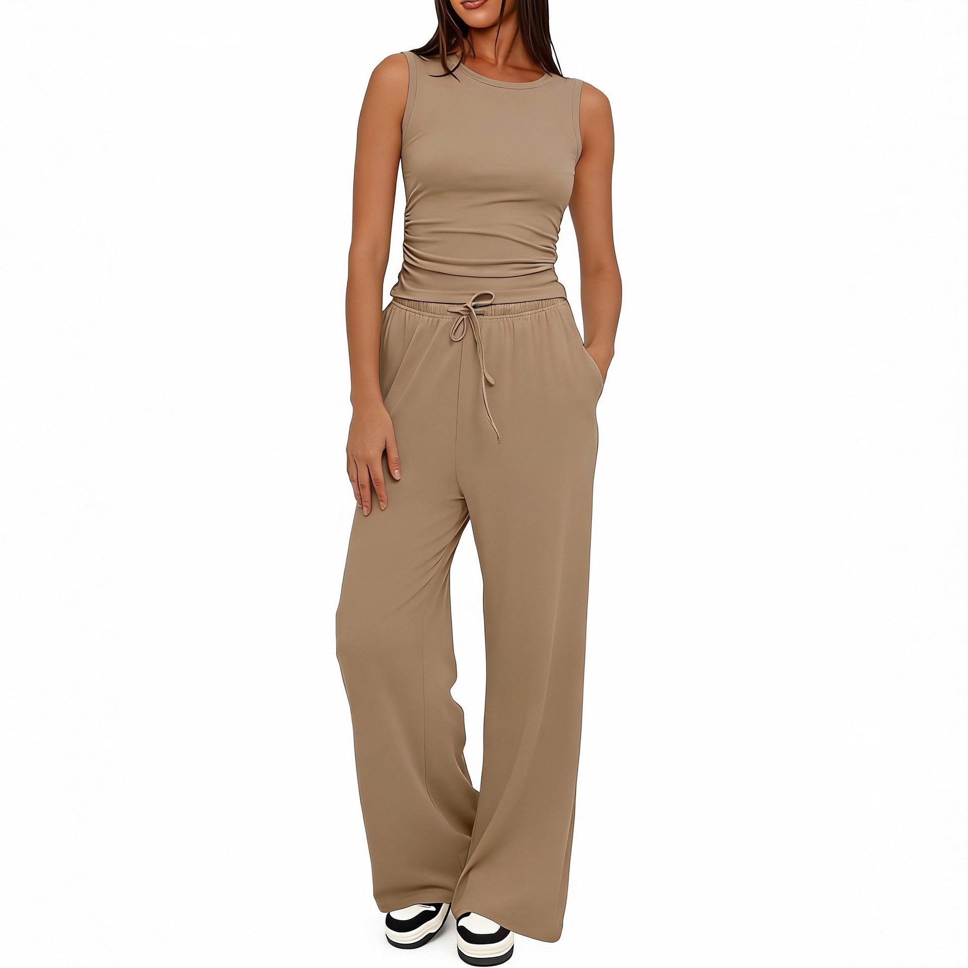 Sleeveless Crewneck Pleated Vest & High-Waisted Wide-Leg Pants Set