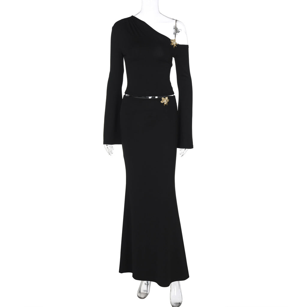 Oblique Shoulder Bell Sleeve Top & High Waist Maxi Skirt Set