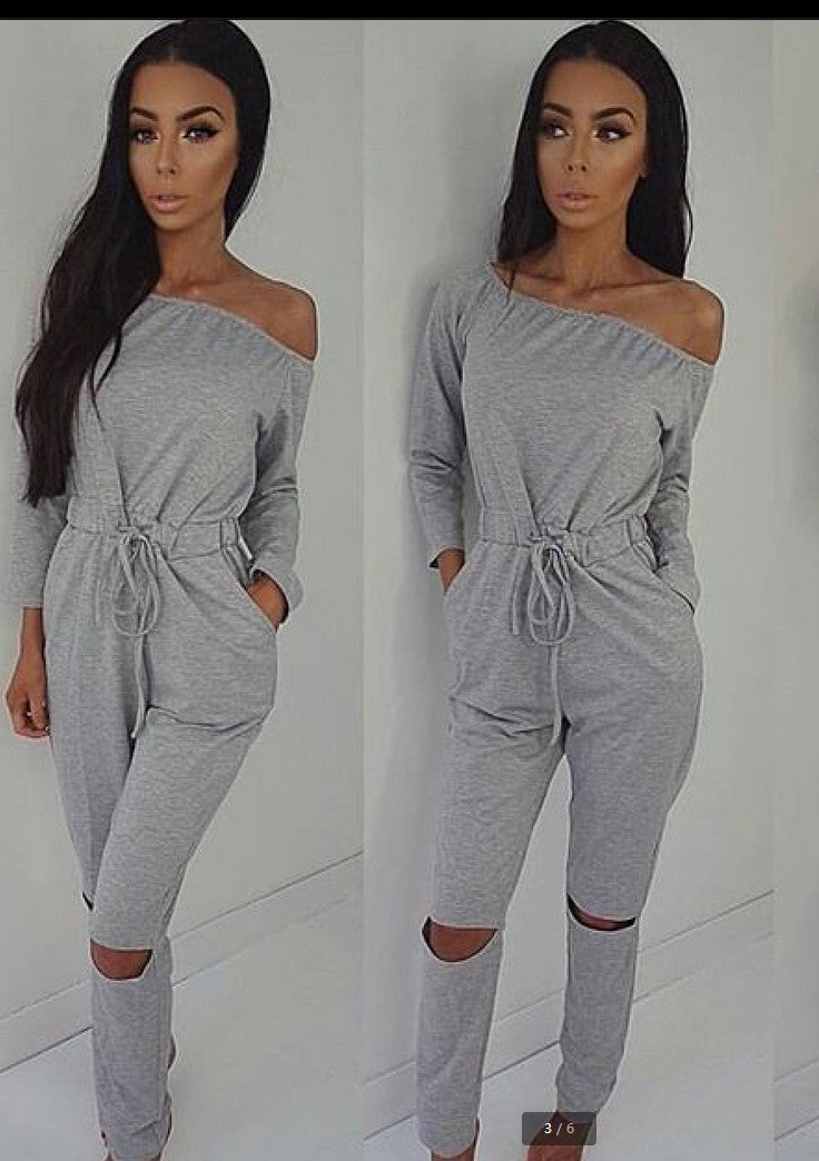 Off-the-Shoulder Distressed Jumpsuit | Women's Casual Cotton Blend Romper