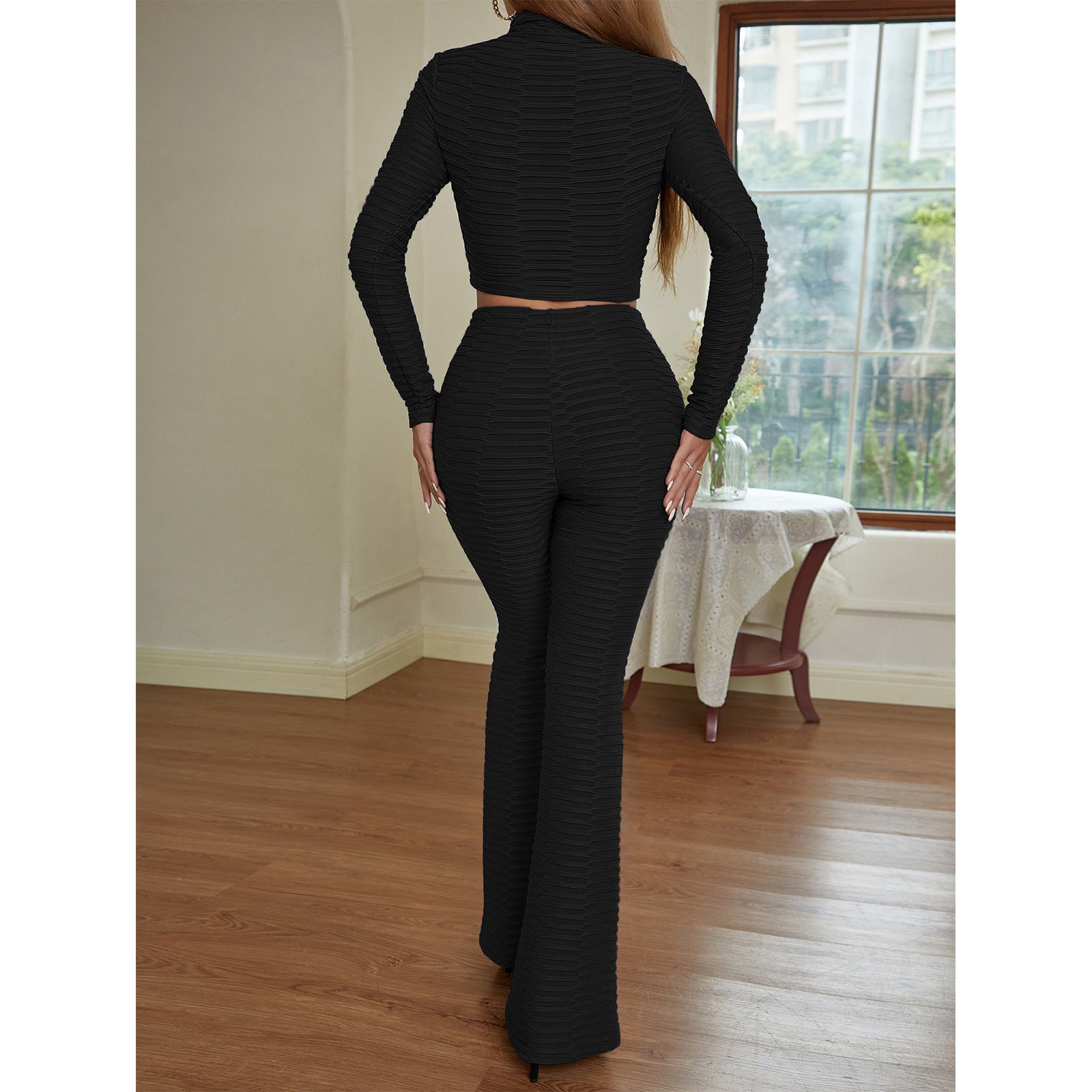 Women's Waffle Knit Crop Top & Flared Pants Suit | Slim Fit Two-Piece