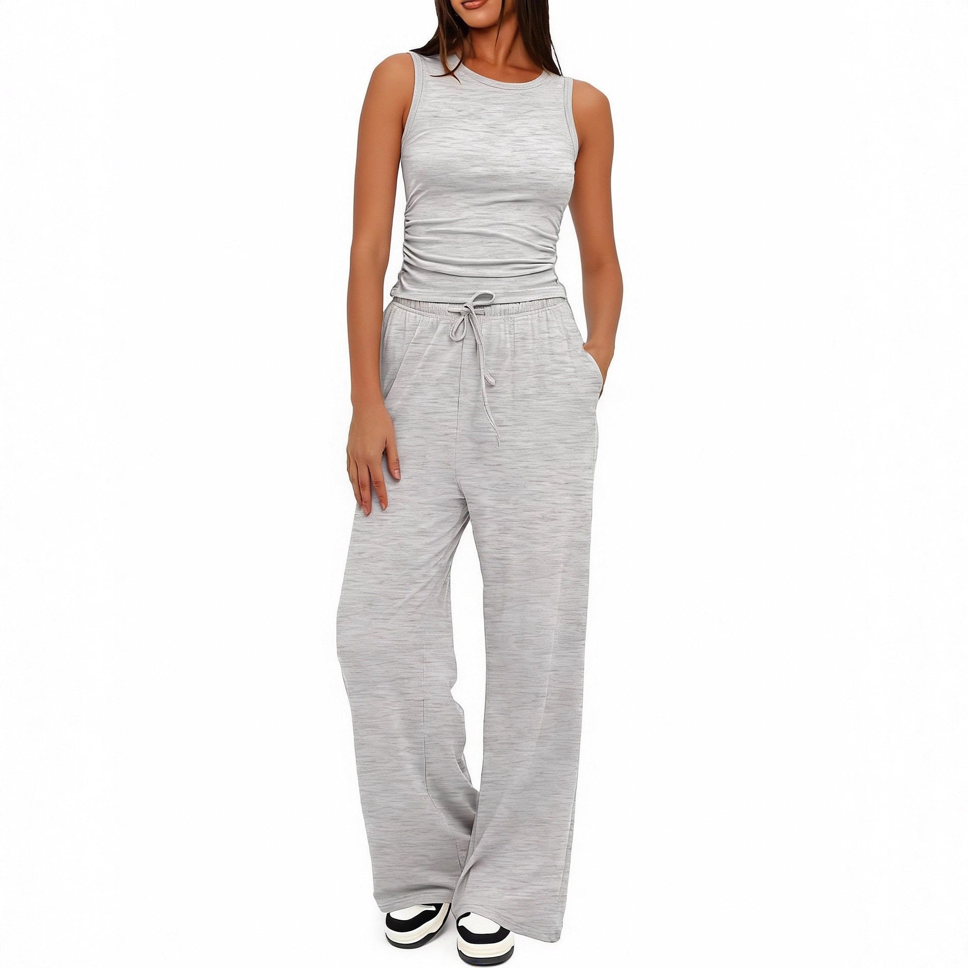Sleeveless Crewneck Pleated Vest & High-Waisted Wide-Leg Pants Set