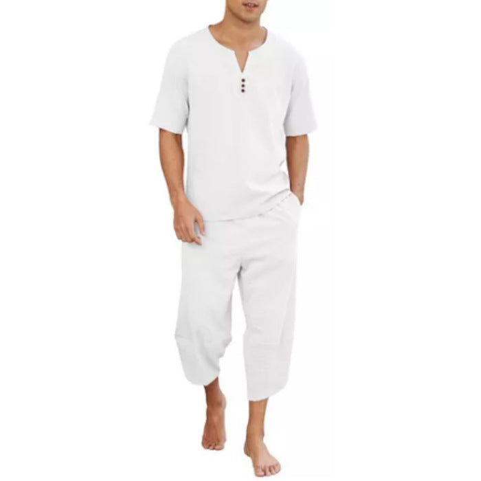 Men's V-Neck Short-Sleeve Top & Cropped Pants Set | Breathable Cotton-Linen Casual Outfit
