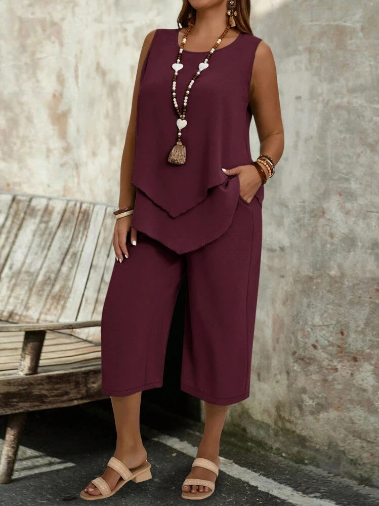 Casual Solid-Color Sleeveless Top & Cropped Pants Two-Piece Set