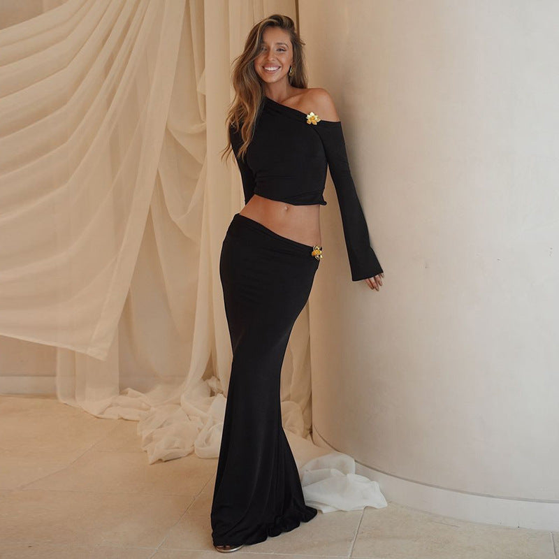 Oblique Shoulder Bell Sleeve Top & High Waist Maxi Skirt Set